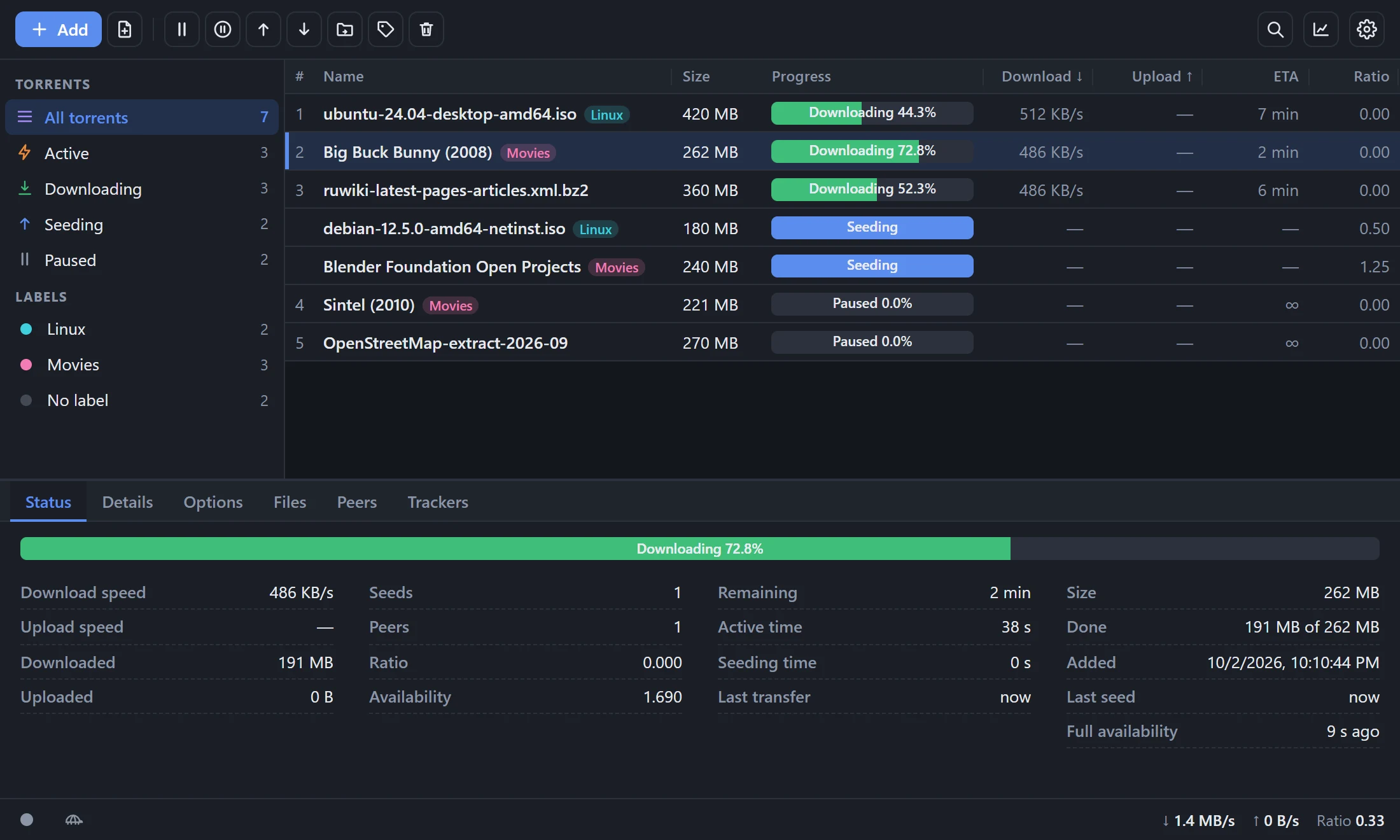 The main window: the list of torrents, labels, the details panel