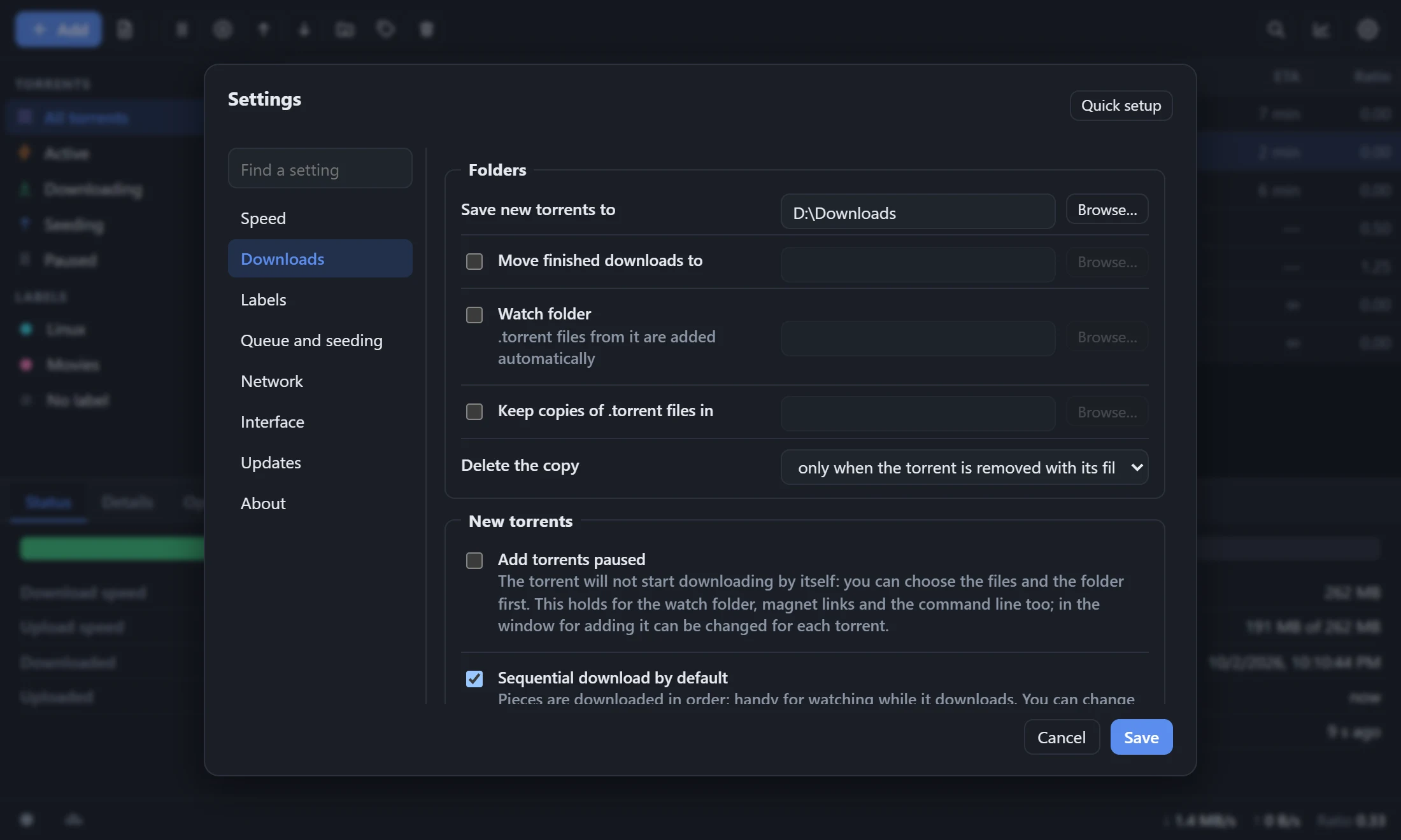 Settings: compact rows, search, tick boxes for the optional folders